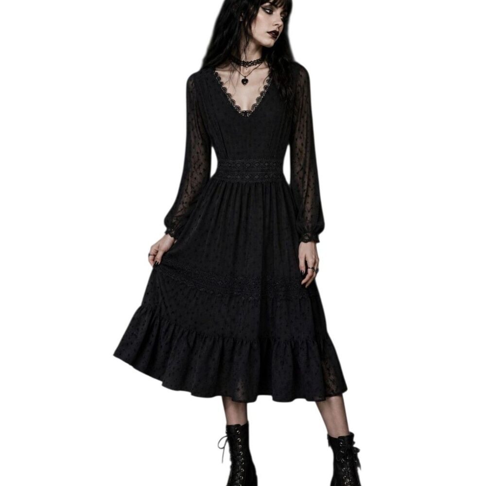 One One Six Whimsigoth Milkmaid Midi Dress Womens S Tiered Lace Black Grunge